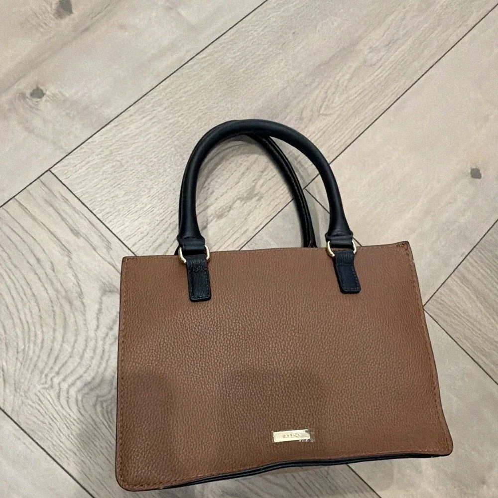 Women's Brown Pebbled Satchel Top Handle Bag, Zip Closure, Gold Hardware
